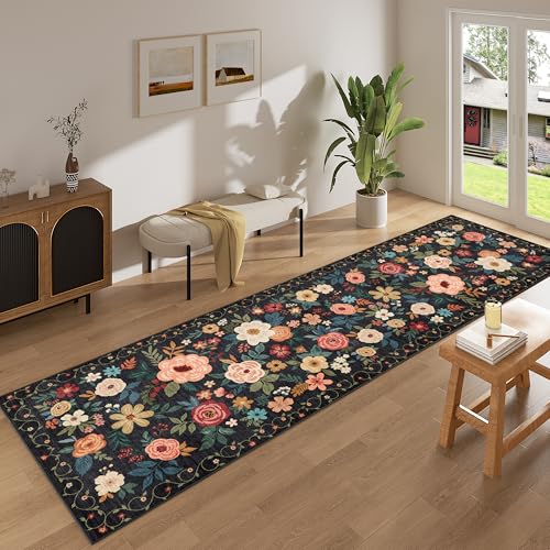 DUKINO 3x10 Runner Rug for Hallway, Washable Kitchen Floral Runner Rug with Non Slip Backing, Low Pile Soft Boho Carpet for Kitchen, Hallway, Entryway, Laundry, Bedroom, Black - color: Black, size: 3' x 10' (Rectangular)