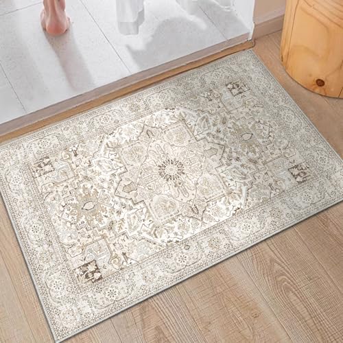 Area Rug 2x3, Lightweight Washable Rugs for Entryway Bathroom Kitchen, Ultra-Thin Absorbing Low Pile Non Slip Rubber Rugs Backing, Durable Aesthetic Vintage 2x3 Rug (Cream/Light Beige, 2X3) - color: Cream/Light Beige, size: 2*3