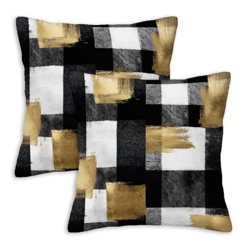 Black and Gold Abstract Throw Pillow Covers 18x18 Inch, Set of 2 | Modern Plaid Square Cushion Cases for Couch & Living Room | Contemporary Home Decor, Decorative Pillowcases - color: Black and Gold