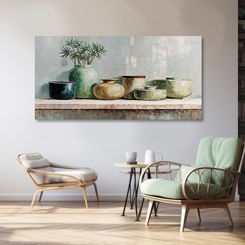 AERART Blue-Green Geometric Abstract Vase & Plant Wall Art - 20"x40" Framed Canvas Painting Artwork for Boho/Living Room/Bedroom Neutral Home Wall Decor - color: Cyan, size: 40"L x 20"W