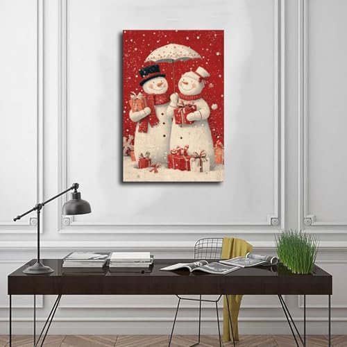 JDBeehpy Snowman Couple Holding Gifts Under Umbrella Frameless Canvas Print Poster Christmas Wall Artwork Painting Warm, Holiday Home Decor Mural 08x12inch(20x30cm) - color: Umbrella Unframe, size: 12L" x 8W"