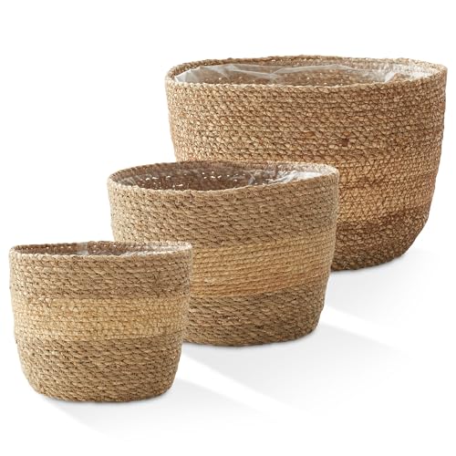 Casafield Set of 3 Seagrass Planter Baskets with Liners - Two-Tone, Hand Woven Indoor Flower Pot Covers for Plants, Succulents, Home Decor