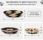 Wall Basket Decor, Woven Hanging Set of 3, Boho Circular Flat Decorative Baskets - Natural Seagrass Bowls for Living Room, Bedroom, Rattan Wall Decor Art - Handwoven (Black)