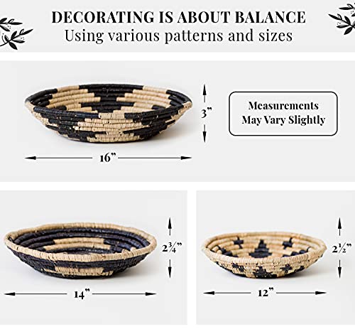 Wall Basket Decor, Woven Hanging Set of 3, Boho Circular Flat Decorative Baskets - Natural Seagrass Bowls for Living Room, Bedroom, Rattan Wall Decor Art - Handwoven (Black)