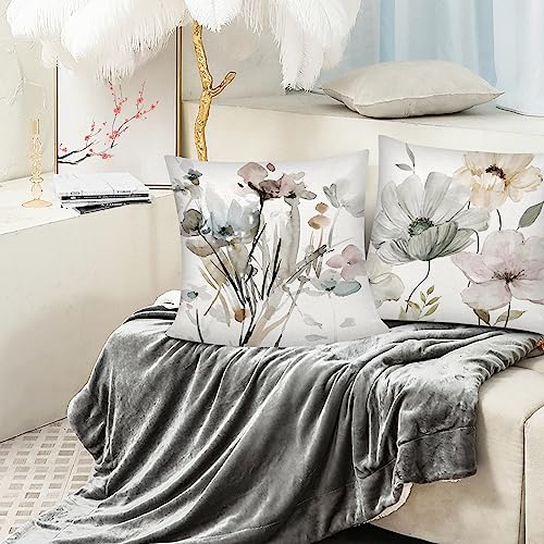 COMMINY Brown White Grey Pillow Covers 16x16 Set of 6, Watercolor Flower Throw Pillow Cover for Couch, Modern Floral Cushion Cover for Sofa Bedroom Living Room Farmhouse Home Decor - color: Modern Flower, size: 16" x 16" (Pack of 6)