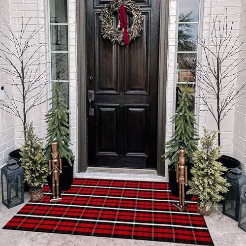 Christmas Plaid Outdoor Rug, 2'4" x 3'7" Red & Black Check Indoor/Outdoor Area Rug, Layering Rug for Hello/Welcome Door Mat, Machine Washable Cotton Woven Farmhouse Mat for Front Porch Décor - color: Christmas Plaid, size: 2'4" x 3'7" (Rectangular)