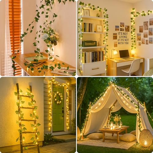 YOUNGAR Pothos Vines with Fairy Lights,Leaf String Warm White Lights Battery/USB Operated,23FT 73LED Fake for Bedroom Wall Room Wedding Birthday Garden Party Wall Room Decor - color: Pothos (Warm White), size: 73 LED-USB/Battery-Copper Wire-1Pack