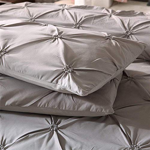 Feelyou Queen Duvet Cover Set Pinch Pleated, Soft Polyester Pintuck Tufted Style Bedding Sets Solid Grey Geometric Quilt Cover with 2 Pillow Shams, Luxurious Comforter Cover Set,3-Pieces - color: Grey, size: Queen