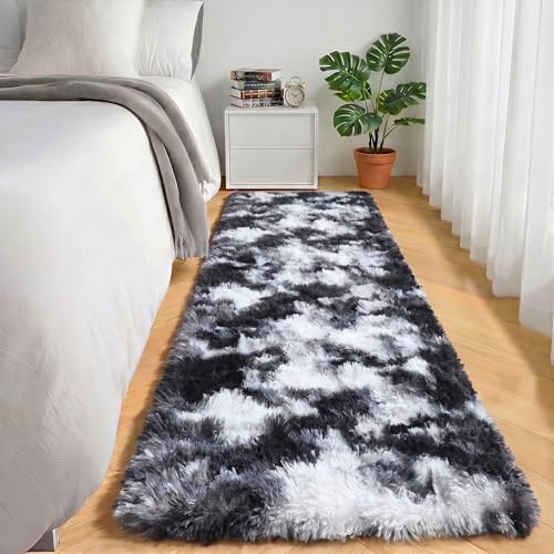 ONASAR Runner Rugs for Bedroom Living Room, Fluffy Black and White 2x6 Bedside Hallway Area Rug, Ultra Soft Plush Furry Faux Fur Non Slip Floor Carpet for Nursery Kids Dorm Closet Home Decor - color: Tie-dyed Black & White, size: 2' x 6' (Runner)