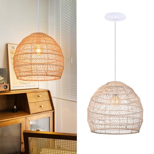 Arturesthome 15.7" Rustic Woven Pendant Ceiling Light Fixture,Rattan Chandeliers Hanging Light for Farmhouse Home Decro Kitchen Island Dinning - color: Rattan, size: 15.7in*13.78in