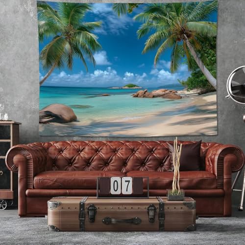 keowhsf Beach Summer Ocean Tapestry – Tropical Palm Trees Wall Hanging Decor with Blue Sky and Seaside Scenery, Nature Landscape Tapestry for Bedroom Living Room Dorm - color: SummerBeach, size: 48"L x 36"W