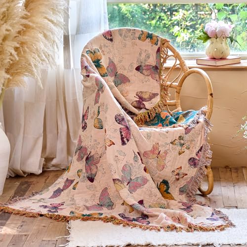 Boho Butterfly Throw Blanket 60"x80" Twin Size Bed Blanket,100% Cotton Reversible Soft Breathable Lightweight Spring Decorative Blankets with Tassels for Couch Sofa Decor All Season - color: Butterfly-white, size: 60''x80''