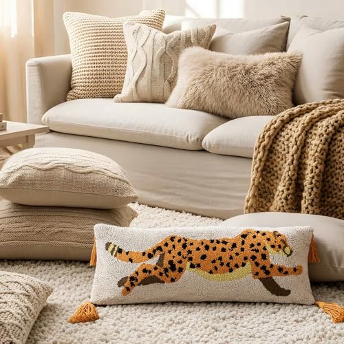 Beeveer 1 Pcs Leopard Hooked Wool Pillow 8 x 22 Inch Cheetah Lumbar Throw Decorative Animal Needlepoint Pillow with Zipper Embroidery Tufting Silver Thread for Home Couch Sofa Bedroom Living Room - color: Leopard, size: 8 x 22 Inch