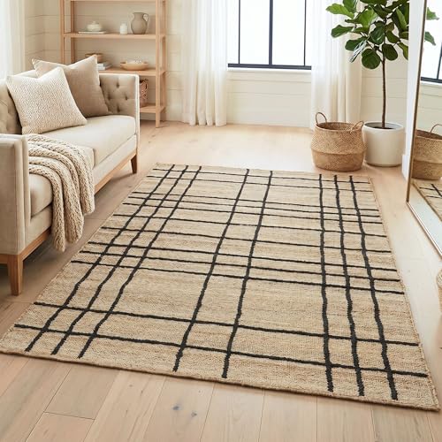 Homespice Nell Jute Plaid Area Rug 4x6' - Cotton Backed Premium Handmade Jute Geometric Area Rug for Bedroom and Office, Lays Flat, Won't Fray or Shed, Rich Natural Brown & Black Windowpane - color: Nell, size: 4' x 6' (Rectangular)