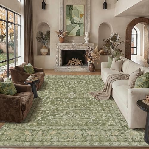 HUGEAR 8x10 Washable Vintage Area Rug Green Neutral Distressed Low Pile Non Slip Soft Carpet Indoor Large Throw Rug for Living Room Bedroom Dining Room Home Office - color: Green, size: 8' x 10' (Rectangular)