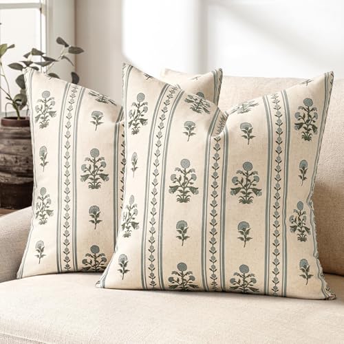 Decorative Vintage Striped Floral Throw Pillow Covers 18x18 Inch Set of 2 Light Blue Farmhouse Boho Botanical Print Cushion Covers for Sofa Couch Chair Bedroom Living Room Summer Home Decor - color: Light Blue, size: 18" x 18" (Pack of 2)