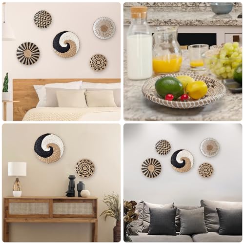 5-Pack Hanging Rattan Woven Wall Basket Decor Set 7.9 9.8 11.8 Inch - Rustic Wall Art Key Tray for Living Room Bedroom Kitchen