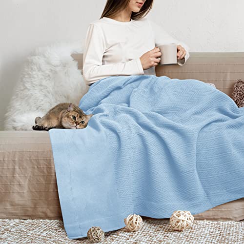 THREAD SPREAD 100% Pure Cotton, Luxury Twin/Twin XL Size Light Blue Blanket - Herringbone Pattern, Soft & Cozy Premium Fall Throw Blanket for All Seasons, 350 GSM & 68 x 92 with Free Tote Bag - color: Herringbone - Light Blue, size: Twin / Twin XL