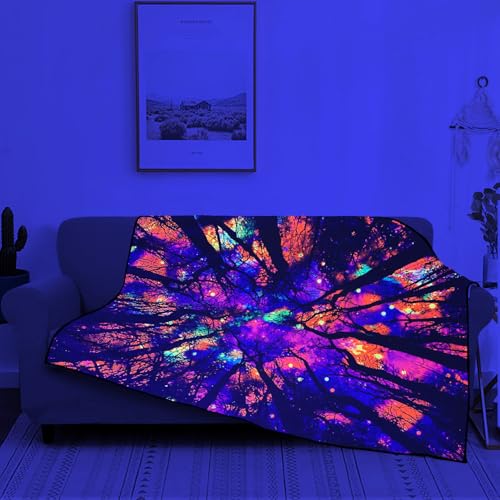 Blacklight Galaxy Forest Throw Blankets UV Reactive Night Sky Throw Blanket Glow in the Dark Under Black Lights Game Room Decor Soft Throw Gifts 59x51 Inches - color: Bl Forest Silhouette
