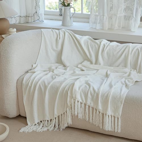 Simple&Opulence Soft Chenille Throw Blanket 50'' x 60'' - Cozy Fluffy Blanket with Fringe Tassel, Farmhouse Boho Blankets for Couch Bed Office Chair Gift Home Decor All Season Use, Cream - color: Cream