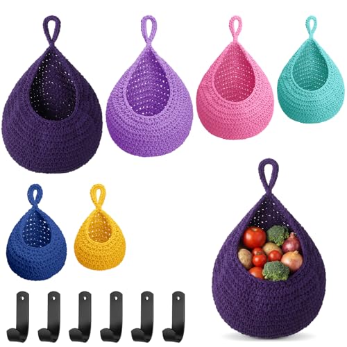 Honeydak 6 Pack Boho Hanging Wall Baskets for Kitchen, Teardrop Hanging Fruit Vegetable Basket with 6 Hooks, Cute Onion Storage Net for Camper, Bathroom, Entryway, Nursery, 6 Size(Mixed Bright Colors) - color: Mixed Bright Color