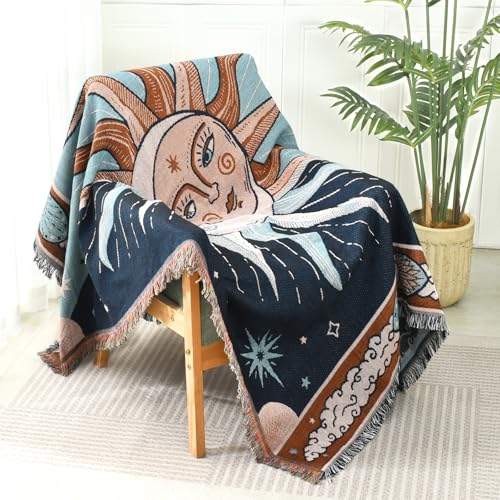 Throw Blanket for Couch, Throw for Bed, Quilt Tapestry, Retro Decor,51"×70" All Season Soft Rustic Blankets with Tassels for Sofa Chair, Drak and Sky Blue Brown Sun Pattern - color: Drak and Sky Blue Brown Sun Pattern, size: 51"×63"