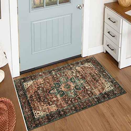 Moynesa Washable Vintage Bathroom Rug, Small Area Rug 2x3 Entryway Rug Indoor Door Mat, Boho Kitchen Rugs Non Skid Non Slip, Non-Shedding Ultra-Thin Oriental Throw Carpet for Bedroom Decor - color: Brick Red, size: 2' x 3'