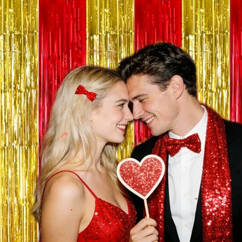 TONIFUL Red and Gold Fringe Backdrop Curtain 2026 Nurse Graduation Party 2Pcs 3.3 x 6.6ft Metallic Tinsel Foil Fringe Photo Booth Backdrop Door Streamers for Prom Birthday Retirement Party Decorations - color: Gold Red