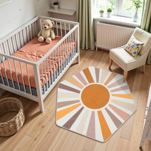 STARUIA Boho Washable Hexagon Rainbow Nursery Rug for Princess Tent Kids Play Castle, 4.6ft Colorful Sun for Kids Play Room, Ultra Soft Carpet for Girls Boys Room Playhouse Classroom Dorm Home Decor - color: Orange-new, size: 4'x4'7"