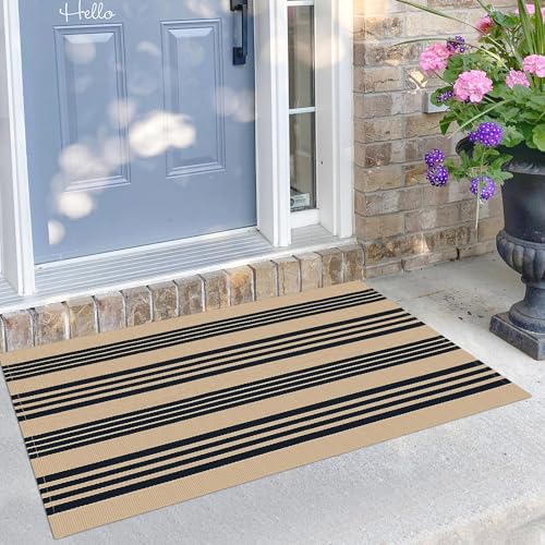 KILOCOCO Striped Rug 2.3'x3.6' Indoor Outdoor Rugs Front Door Mat Hand Woven Cotton Washable Striped Layered Doormats for Front Door/Kitchen/Farmhouse/Entryway/Patio, Brown - color: Brown and Black Stripe, size: 2'4" x 3'7" (Rectangular)