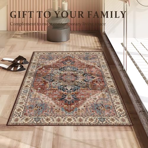 Boho Tribal Area Rug 2x3 Small Entranway Rug Bathroom Doormat Indoor Carpet Farmhouse RugFaux Wool Non-Slip Washable Low-Pile Floor Carpet for Indoor Front Entrance Kitchen Bathroom, Brickred - color: Brickred & Multi, size: 2' x 3' (Rectangular)