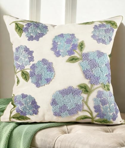 Embroidered Throw Pillow Cover - 18x18 Decorative Pillow Cover with Zipper Aesthetic Cute Design Boho Spring Summer Cozy Throw Pillowcase for Living Room Couch Sofa Bed, Blue Hydrangea - color: Blue-hydrangea, size: 18" x 18" (Pack of 1)