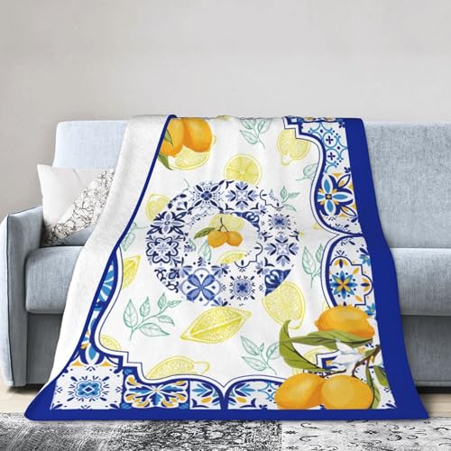 Summer Lemon Throw Blanket for Couch Chair Sofa Bed, Flannel Soft Watercolor Mediterranean Ceramic Tiles Floral Blanket for Bedroom Living Room Car, Warm Cozy Blankets for All Season 30"x 40" - color: Lemon04, size: 30X40 inch