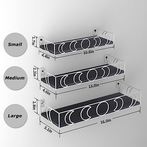 PHAREGE Moon Phase Floating Shelves Black Silver, Set of 3 Small Decorative Wall Shelves for Book Plant Storage, Crystal Figurine Collectibles Display Shelf for Bedroom Kid Room - color: Black Silver