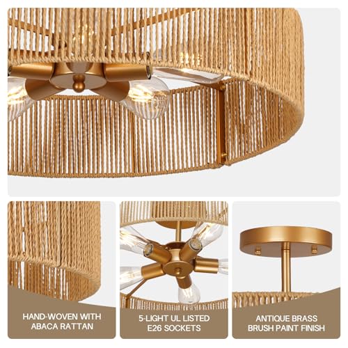 24" Natural Rattan Flush Mount Ceiling Light Fixture, 5-Light Gold Hand-Woven Wicker Boho Chandelier for Bedroom, Living Room, Dining Room, Kitchen, Rustic Lamp for Hallway and Entryway - color: Pattern A