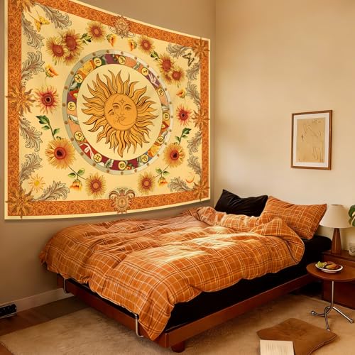 Sun and Moon Boho Orange Tapestry for Bedroom, Bohemian Vintage Floral Funny Wall Tapestries Aesthetic with Twelve Constellations for Living Room, Indian Yellow Sunflower Pagan Wall Hanging Decor for Teen Dorm Office 60" × 51" - color: Sun Boho Tapestry,