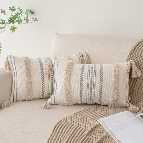Boho Throw Pillow Covers 12x20 Set of 2 Woven Tufted Farmhouse Pillows Cover with Tassels Textured Striped Cushion Case Lumbar Pillow Cases Decorative Pillowcase for Sofa, Couch, Bed, Khaki - color: Khaki, size: 20" x 12" (Pack of 2)