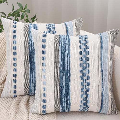Coastal Pillow Covers 18x18 Set of 2 Boho Tufted Throw Pillow Covers Stripe Beach Decorative Pillow Cases Accent Chenille Pillowcases Farmhouse Cushion Case for Home Decor, Sky Blue - color: Sky Blue Stripe, size: 18" x 18" (Pack of 2)