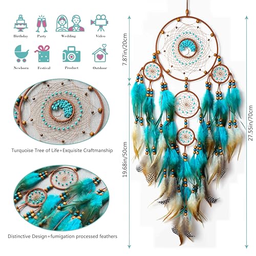 Large Dream Catchers, Boho Handmade Woven Turquoise Dream Catchers Wall Hanging for Bedroom Home Decor, Wedding Party Decor, Adults Boys Girls Festival Blessing Gift (Turquoise & Brown) - color: Turquoise & Brown