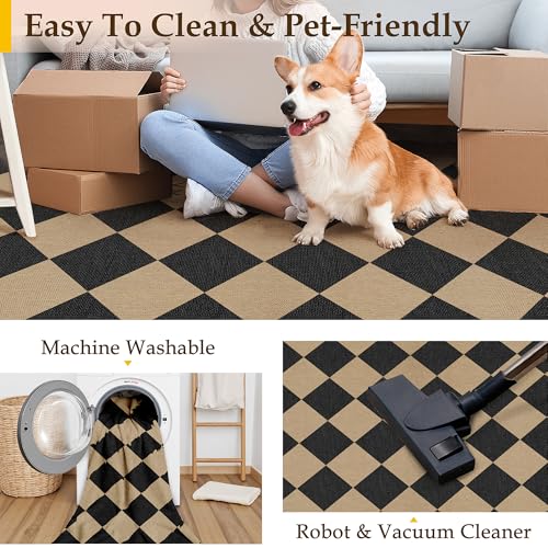 PureCozy Checkered Easy Jute Rugs for Entryway, 3 ft Round Rug Small Indoor Outdoor Circle Carpet, Farmhouse Neutral Non Slip Non Shedding Black Carpet for Kitchen Front Porch Foyer - color: Black|checkerboard-1, size: 3' (Round)