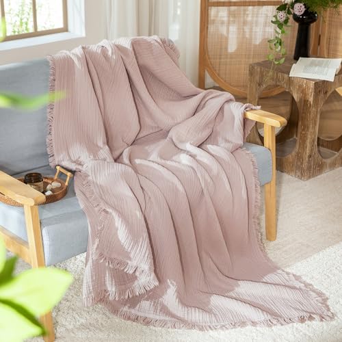 MooMee Muslin Blanket - 100% Cotton 4-Layer Gauze Throw Blanket with All-Around Fringe, Soft Breathable Lightweight Cooling Summer Blankets for Bed Couch(Greyish Pink,Twin XL 66" x 90") - color: Greyish Pink, size: Twin XL
