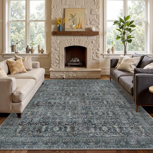 Collive Washable Area Rug 8x10, Vintage Distressed Rugs for Living Room Rugs 8x10 Non Slip Modern Bedroom Carpet Stain Resistant Aesthetic Print Accent Floor Mat for Dining Office - Blue/Grey - color: Blue/Grey, size: 8' x 10' (Rectangular)
