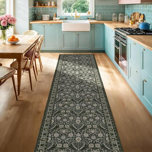 2x8 Washable Runner Rug for Hallways: Non-Slip Floral Runner Carpet Boho Soft Green Indoor Rugs for Floor Entryway Laundry Bedroom Laundry - Vintage Low Pile Kitchen Mats - color: Green, size: 2' x 8' (Rectangular)