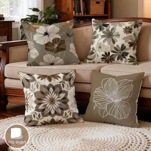 OBSEDE Neutral Boho Floral Throw Pillow Covers 18x18 Set of 4, Farmhouse Decor for Home Couch Sofa Living Room, Rustic Floral Decorative Cushion Cases - color: Neutral Boho Floral