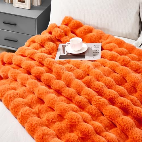 JONIYEAR Solid Fall Bubble Faux Rabbit Fur Throw Blanket for Couch 50" x 60", Decorative Comfy Puffy Warm Fuzzy Blanket for Winter, Extra Thick Shaggy Cozy Comfy Fluffy Blankets for Adult Kids, Orange - color: Orange - 900gsm, size: Travel/Throw Size - 50