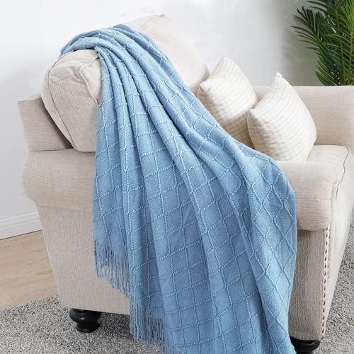 BOURINA Blue Throw Blanket 50x60 Inches Throw Textured Solid Soft Sofa Couch Decorative Knit Blanket - color: Blue, size: 50"x60"