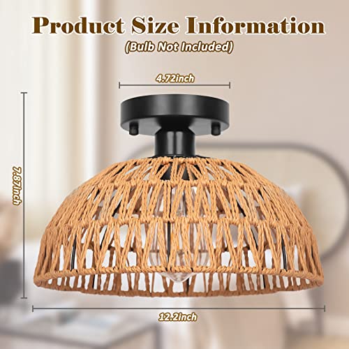 12.2" Rattan Ceiling Light Fixtures 2 Packs, Rustic Woven Basket Flush Mount Ceiling Light, Handmade Wicker Ceiling Lamp, Rattan Chandelier For Kitchen Island, Hallway, Living Room, Bedroom, E26 Base - color: Brown