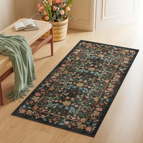 DUKINO 2x4 Rug for Entryway, Lightweight Washable Runner Rug with Non Slip Backing, Vintage Floral Low Pile Small Carpet Runner for Kitchen, Hallway, Entryway, Bathroom, Bedroom, Black - color: Black, size: 2' x 4' (Rectangular)