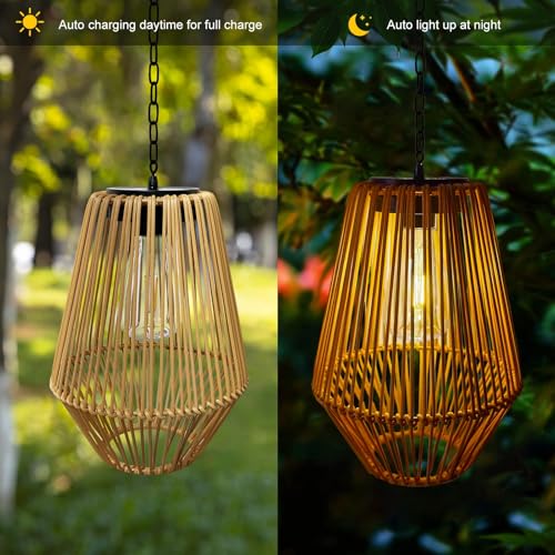 Livinlarge Rattan Solar Lantern Waterproof,Hanging Chandelier Lights Patio Porch Garden Farmhouse Decoration Rustic Handmade Outdoor Wicker Pendant Lamps - style: Rattan Pendant Lights-3