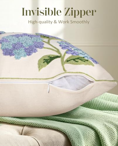 Embroidered Throw Pillow Cover - 18x18 Decorative Pillow Cover with Zipper Aesthetic Cute Design Boho Spring Summer Cozy Throw Pillowcase for Living Room Couch Sofa Bed, Blue Hydrangea - color: Blue-hydrangea, size: 18" x 18" (Pack of 1)